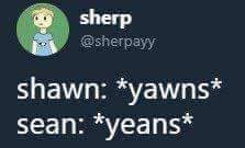 sean shawn meme - sherp shawn yawns sean yeans