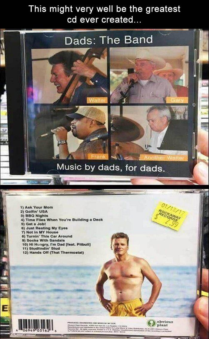 meme of songs for dads by dads - This might very well be the greatest cd ever created... Dads The Band Waiter Frank Another Winter Music by dads, for dads. 1 Ask Your Mom 2 Golfin' Usa 3 Bbq Nights 4 Time Files When You're Building a Deck 5 Get a Job! 6 J