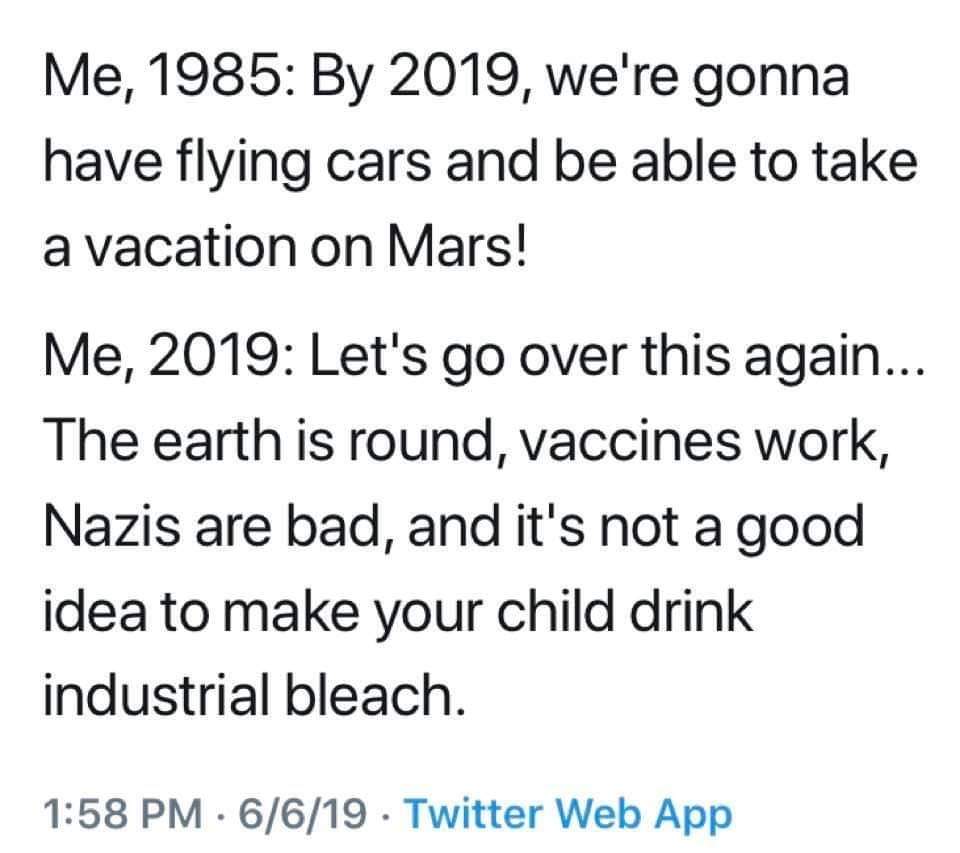 document - Me, 1985 By 2019, we're gonna have flying cars and be able to take a vacation on Mars! Me, 2019 Let's go over this again... The earth is round, vaccines work, Nazis are bad, and it's not a good idea to make your child drink industrial bleach. .