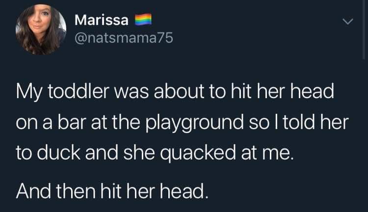 bucket list memes - Marissa My toddler was about to hit her head on a bar at the playground so I told her to duck and she quacked at me. And then hit her head.