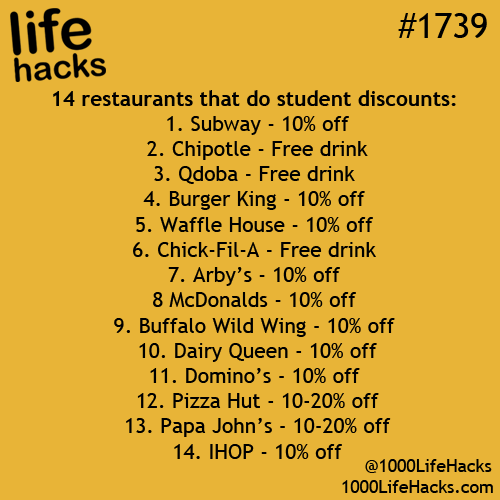 college life hacks - life hacks 14 restaurants that do student discounts 1. Subway 10% off 2. Chipotle Free drink 3. Qdoba Free drink 4. Burger King 10% off 5. Waffle House 10% off 6. ChickFilA Free drink 7. Arby's 10% off 8 McDonalds 10% off 9. Buffalo W