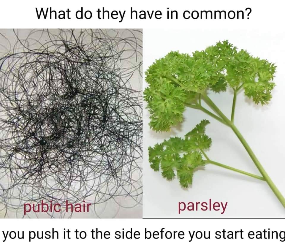 dank herb - What do they have in common? publc hair parsley you push it to the side before you start eating