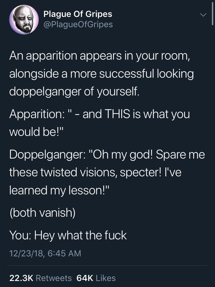 dog knew how to fetch - Plague Of Gripes An apparition appears in your room, alongside a more successful looking doppelganger of yourself. Apparition" and This is what you would be!" Doppelganger "Oh my god! Spare me these twisted visions, specter! I've l