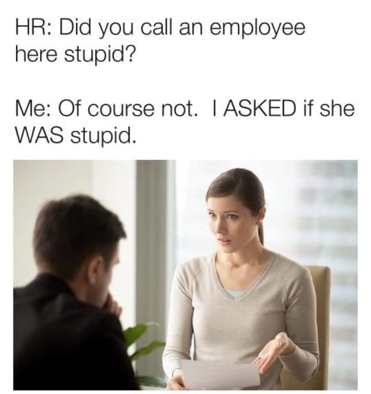 Contract - Hr Did you call an employee here stupid? Me Of course not. I Asked if she Was stupid.