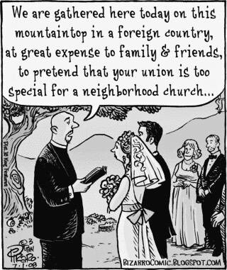 savage meme cartoon - We are gathered here today on this mountaintop in a foreign country, at great expense to family & friends, to pretend that your union is too Special for a neighborhood church... Vox Forza Bizarrocomic.Blogspot.Com
