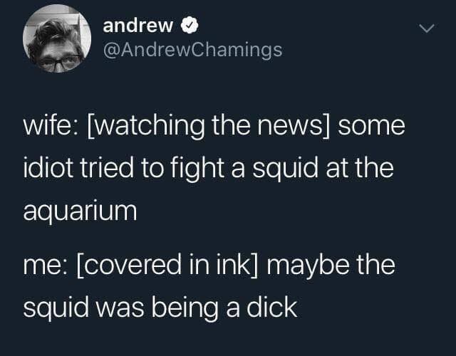 last time the earth is round meme - andrew wife watching the news some idiot tried to fight a squid at the aquarium me covered in ink maybe the squid was being a dick
