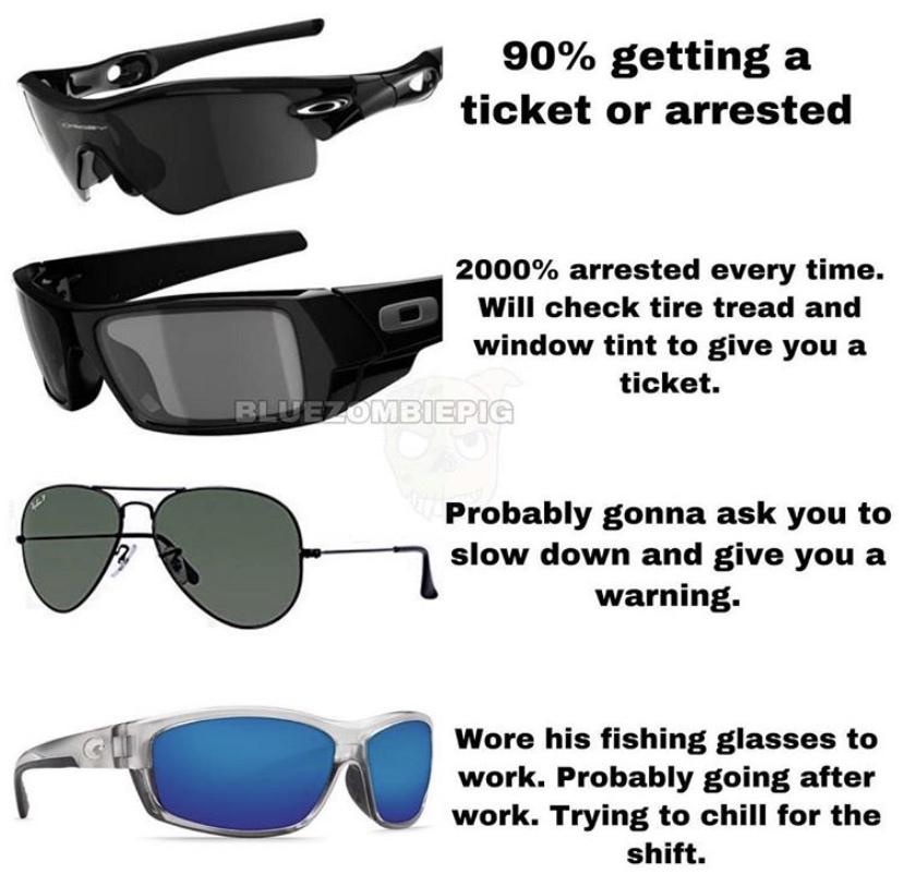cop sunglasses meme - 90% getting a ticket or arrested 2000% arrested every time. Will check tire tread and window tint to give you a ticket. Bluezombiepic Probably gonna ask you to slow down and give you a warning. Wore his fishing glasses to work. Proba
