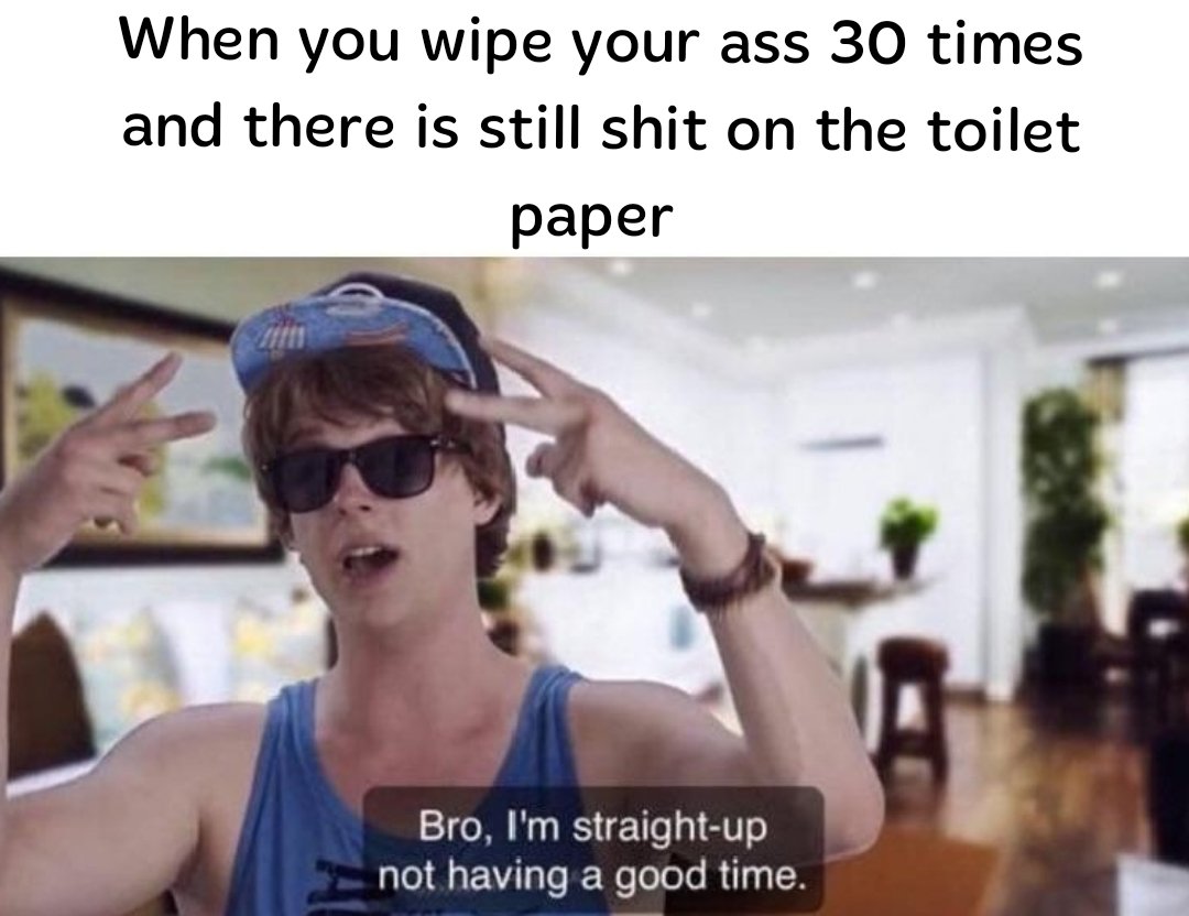 i m straight up not having a good time meme - When you wipe your ass 30 times and there is still shit on the toilet paper Bro, I'm straightup not having a good time.