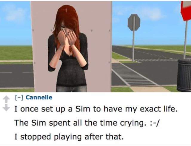 sadistic things that people did to their sims - Cannelle I once set up a Sim to have my exact life. The Sim spent all the time crying. I stopped playing after that.