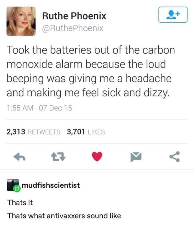 carbon monoxide anti vax meme - Ruthe Phoenix Took the batteries out of the carbon monoxide alarm because the loud beeping was giving me a headache and making me feel sick and dizzy. 07 Dec 15 2,313 3,701 mudfishscientist Thats it Thats what antivaxxers s