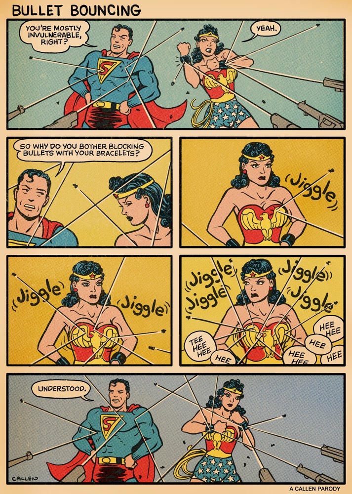 wonder woman bulletproof comic - Bullet Bouncing Yeah. You'Re Mostly Invulnerable, Right? So Why Do You Bother Blocking 7 Bullets With Your Bracelets? Jigger Jiggle Jiggle Hee Hee Hee Hee Hee Hee Thee Understood. Callen A Callen Parody