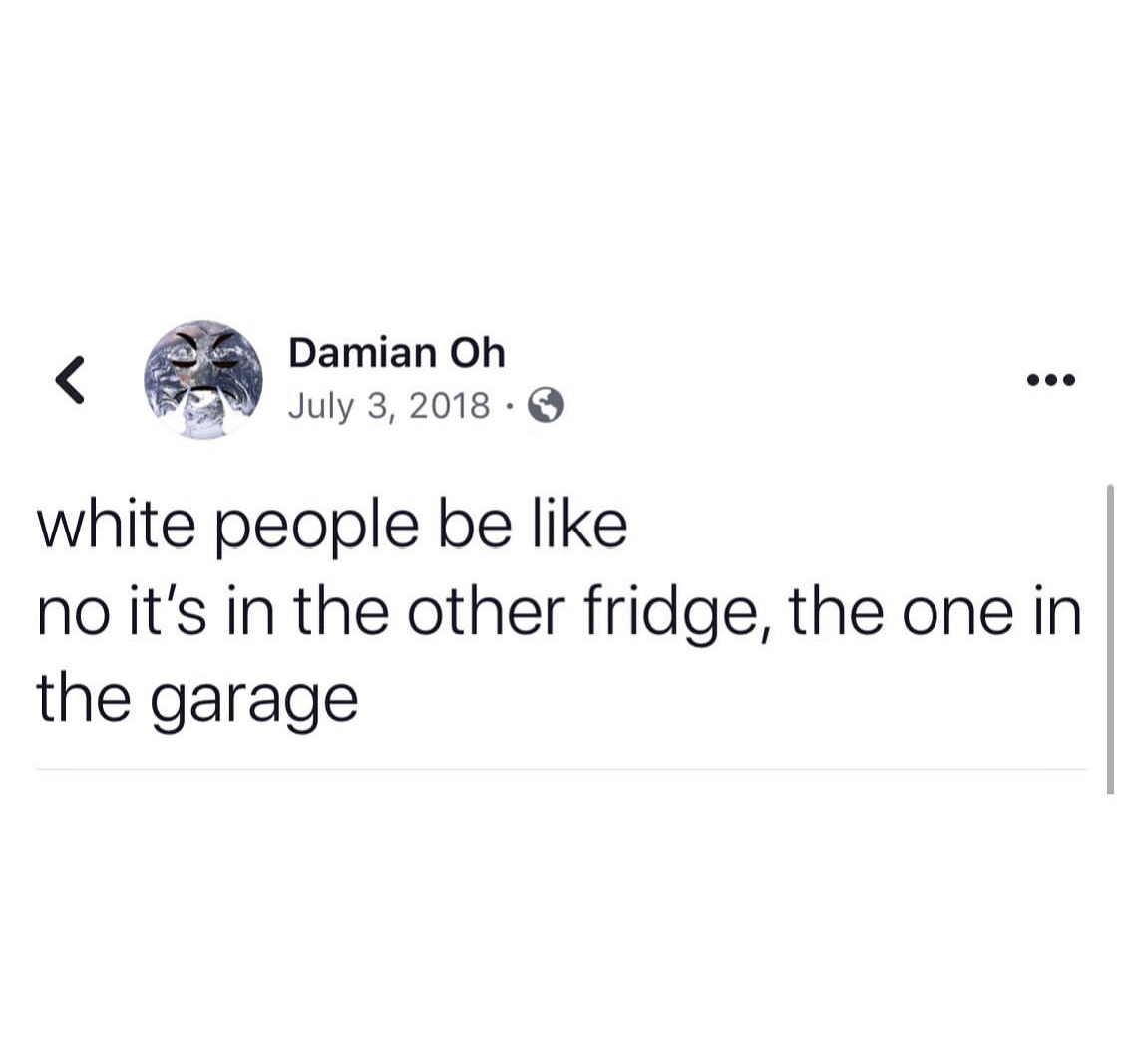 people who back into spots - Damian Oh white people be no it's in the other fridge, the one in the garage