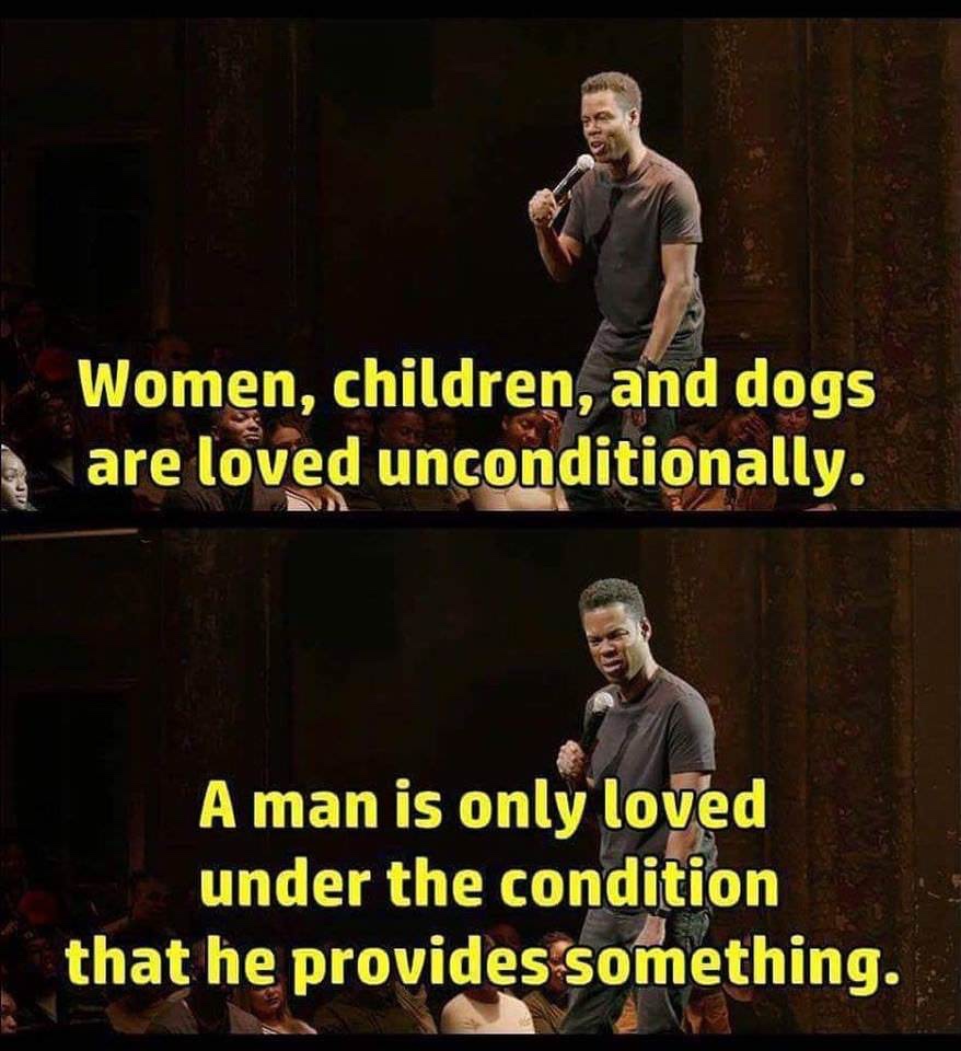chris rock quotes on men - Women, children, and dogs are loved unconditionally. A man is only loved under the condition that he provides something.