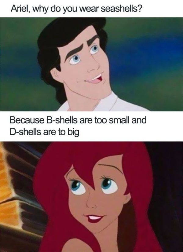 funniest disney jokes ever - Ariel, why do you wear seashells? Because Bshells are too small and Dshells are to big
