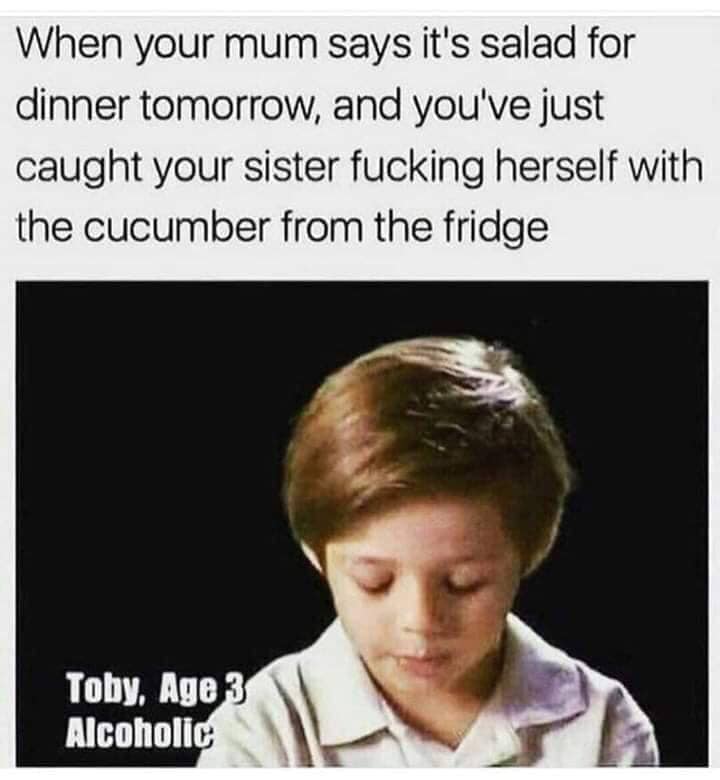 toby age 3 alcoholic meme - When your mum says it's salad for dinner tomorrow, and you've just caught your sister fucking herself with the cucumber from the fridge Toby, Age 3 Alcoholic