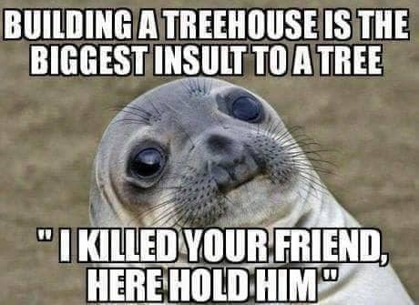 photo caption - Building A Treehouse Is The Biggest Insult To A Tree "Ikilled Your Friend. Here Hold Him