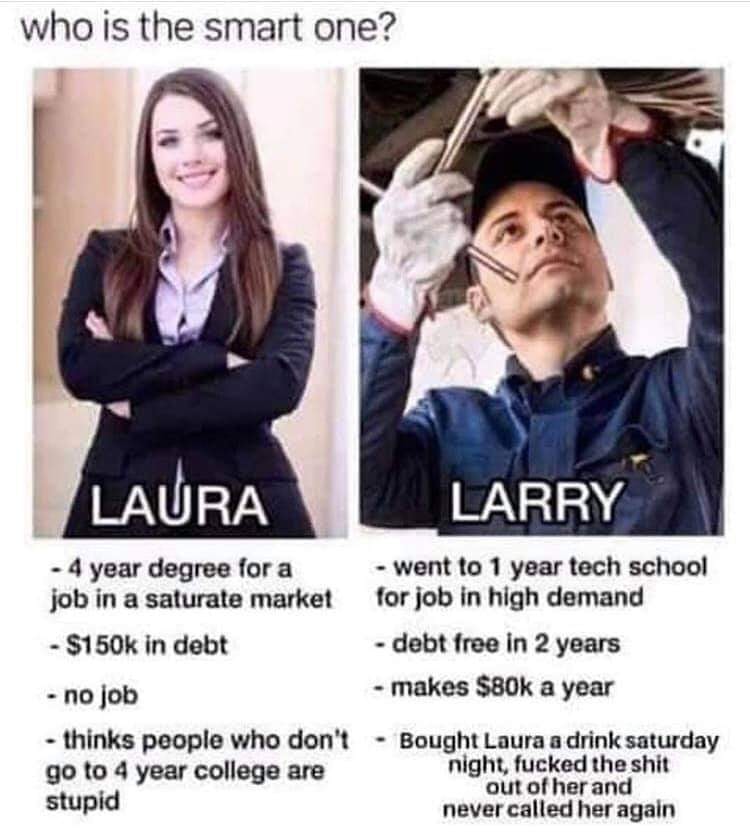 smart one laura larry - who is the smart one? Laura Larry 4 year degree for a went to 1 year tech school job in a saturate market for job in high demand $ in debt debt free in 2 years no job makes $80k a year thinks people who don't Bought Laura a drink s