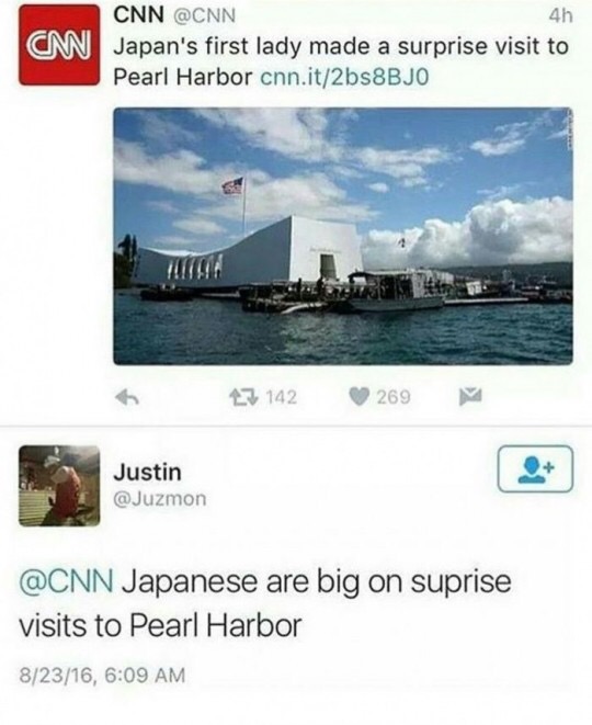 japan surprise visit to pearl harbor - 4h Cm Cnn Japan's first lady made a surprise visit to Pearl Harbor cnn.it2bs8BJO 27 142 269 X Justin Japanese are big on suprise visits to Pearl Harbor 82316,