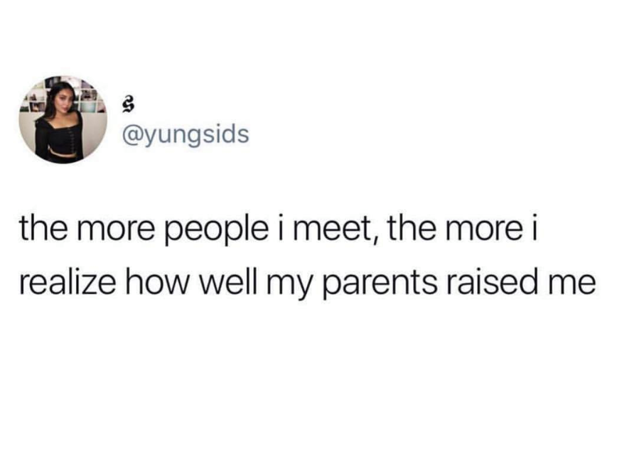 my parents raised me - the more people i meet, the more i realize how well my parents raised me