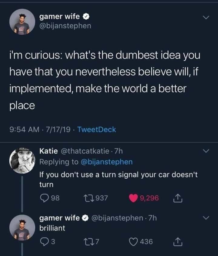 Idea - gamer wife i'm curious what's the dumbest idea you have that you nevertheless believe will, if implemented, make the world a better place 71719. TweetDeck Katie 7h If you don't use a turn signal your car doesn't turn 98 22937 9,296 1 gamer wife . 7
