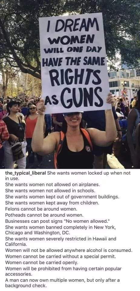 women same rights as guns - I Dream Women Will One Day Have The Same Rights As Guns the_typical_liberal She wants women locked up when not in use. She wants women not allowed on airplanes. She wants women not allowed in schools, She wants women kept out o