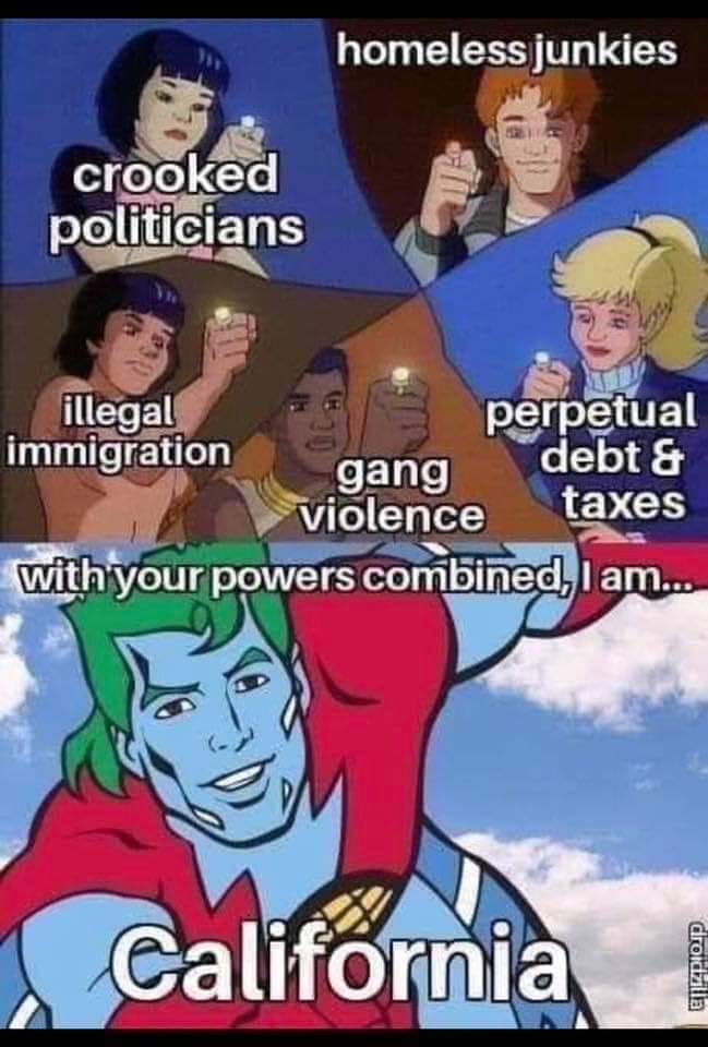 captain planet and the planeteers - homeless junkies crooked politicians illegal perpetual immigration gang debt & violence taxes with your powers combined, I am... California drodzilla