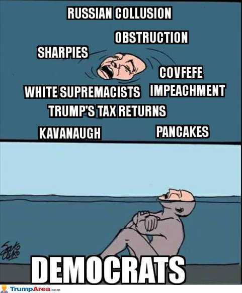 cartoon - Russian Collusion Obstruction Sharpies Covfefe White Supremacists Impeachment Trump'S Tax Returns Kavanaugh Pancakes Democrats TrumpArea.com