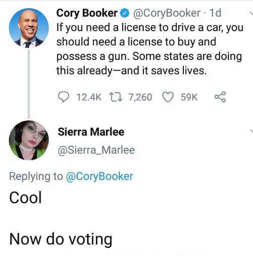 human behavior - Cory Booker 1d If you need a license to drive a car, you should need a license to buy and possess a gun. Some states are doing this alreadyand it saves lives. 17 7, Sierra Marlee Cool Now do voting