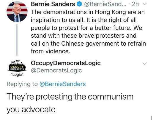 document - Bernie Sanders Sand... 2h The demonstrations in Hong Kong are an inspiration to us all. It is the right of all people to protest for a better future. We stand with these brave protesters and call on the Chinese government to refrain from violen