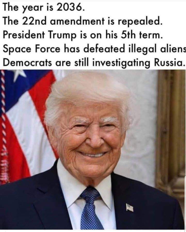 donald j. trump 2017 - The year is 2036. The 22nd amendment is repealed. President Trump is on his 5th term. Space Force has defeated illegal aliens Democrats are still investigating Russia.