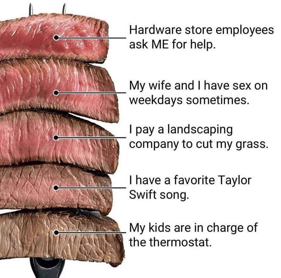 rare medium well done - Hardware store employees ask Me for help. My wife and I have sex on weekdays sometimes. I pay a landscaping company to cut my grass. I have a favorite Taylor Swift song. My kids are in charge of the thermostat.
