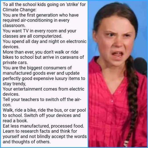 To all the school kids going on 'strike for Climate Change You are the first generation who have required airconditioning in every classroom. You want Tv in every room and your classes are all computerized. You spend all day and night on electronic…