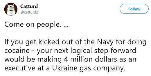 document - Catturd Come on people. ... If you get kicked out of the Navy for doing cocaine your next logical step forward would be making 4 million dollars as an executive at a Ukraine gas company.