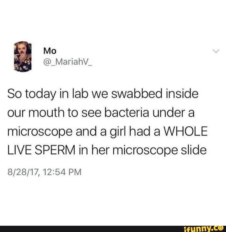 document - So today in lab we swabbed inside our mouth to see bacteria under a microscope and a girl had a Whole Live Sperm in her microscope slide 82817, ifunny.co