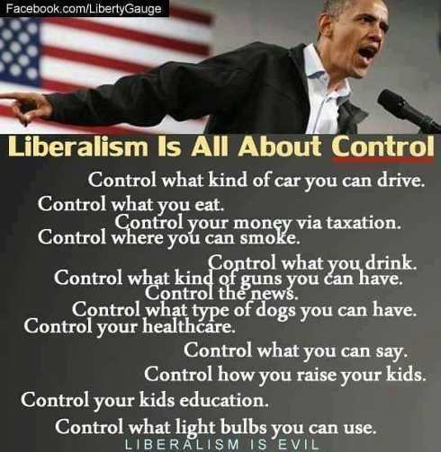 Liberalism - Facebook.comLibertyGauge Liberalism Is All About Control Control what kind of car you can drive. Control what you eat. Control your money via taxation. Control where you can smoke. Control what you drink. Control what kind of guns you can hav
