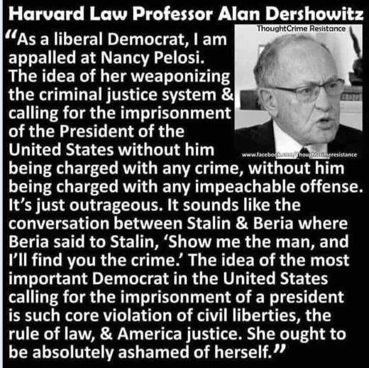 Alan Dershowitz - ThoughtCrime Resistance agresistance Harvard Law Professor Alan Dershowitz "As a liberal Democrat, I am appalled at Nancy Pelosi. The idea of her weaponizing the criminal justice system & calling for the imprisonment of the President of 