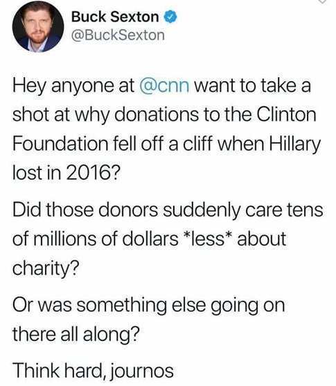 1 peter 3 3 4 - Buck Sexton Hey anyone at want to take a shot at why donations to the Clinton Foundation fell off a cliff when Hillary lost in 2016? Did those donors suddenly care tens of millions of dollars less about charity? Or was something else going