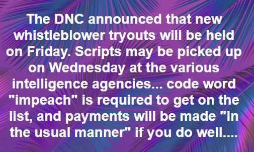 material - The Dnc announced that new whistleblower tryouts will be held on Friday. Scripts may be picked up on Wednesday at the various intelligence agencies... code word "impeach" is required to get on the list, and payments will be made "in the usual m
