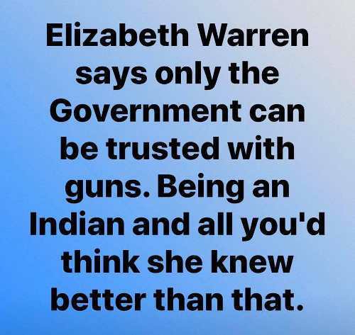 20 off - Elizabeth Warren says only the Government can be trusted with guns. Being an Indian and all you'd think she knew better than that.