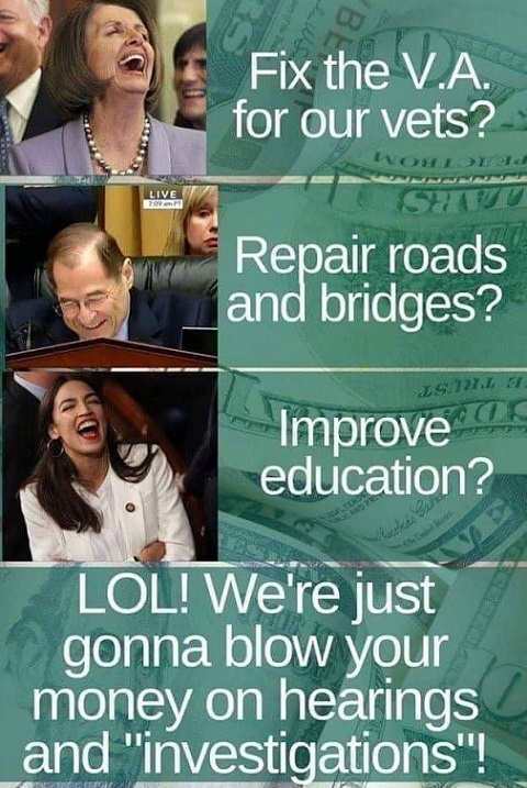 human behavior - Fix the V.A. for our vets? Repair roads and bridges? Asil Improve education? Lol! We're just gonna blow your money on hearings and "investigations"!