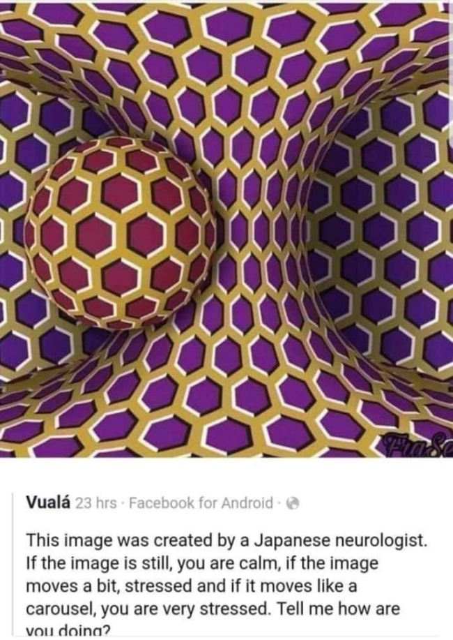 japanese neurology - Vuala 23 hes Facebook for Android This image was created by a Japanese neurologist. If the image is still, you are calm, if the image moves a bit, stressed and if it moves a carousel, you are very stressed. Tell me how are vou doina?