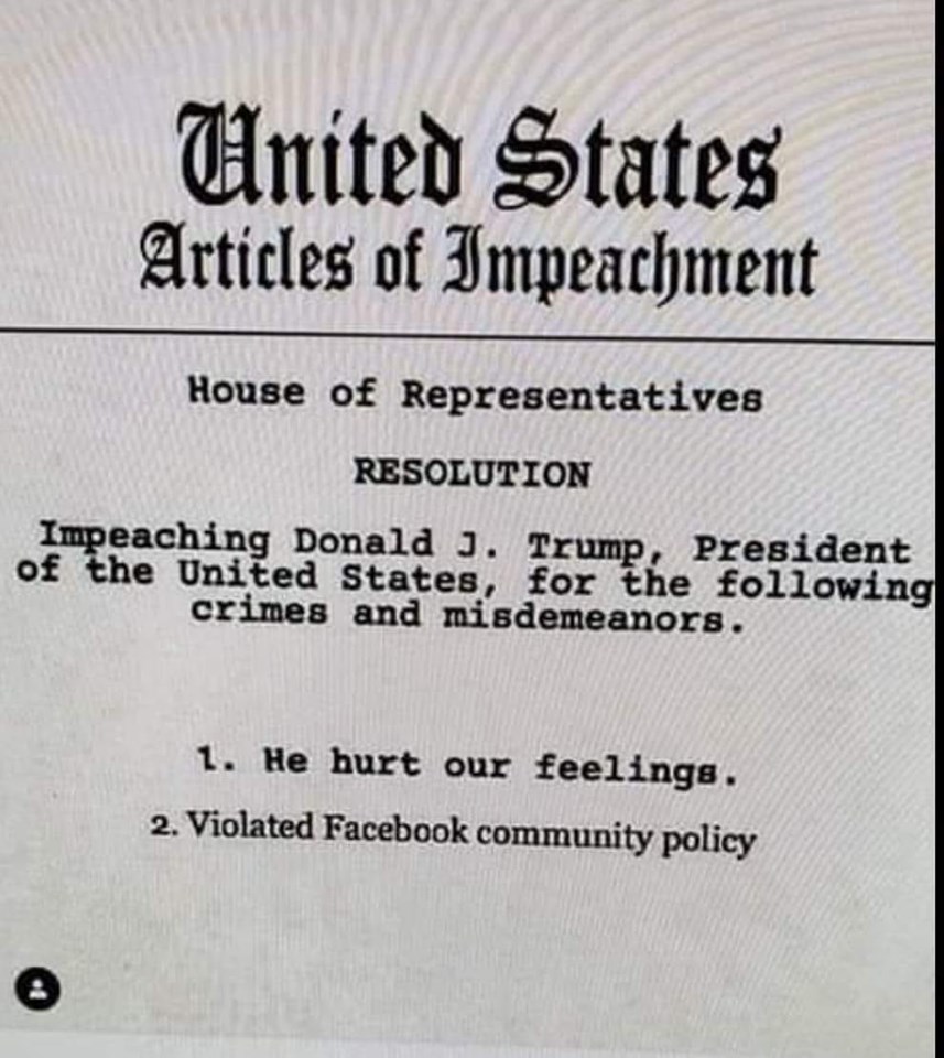 corpus christi caller-times - United States Articles of Impeachment House of Representatives Resolution Impeaching Donald J. Trump, President of the United States, for the ing crimes and misdemeanors. 1. He hurt our feelings. 2. Violated Facebook communit