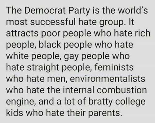 quotes - The Democrat Party is the world's most successful hate group. It attracts poor people who hate rich people, black people who hate white people, gay people who hate straight people, feminists who hate men, environmentalists who hate the internal c
