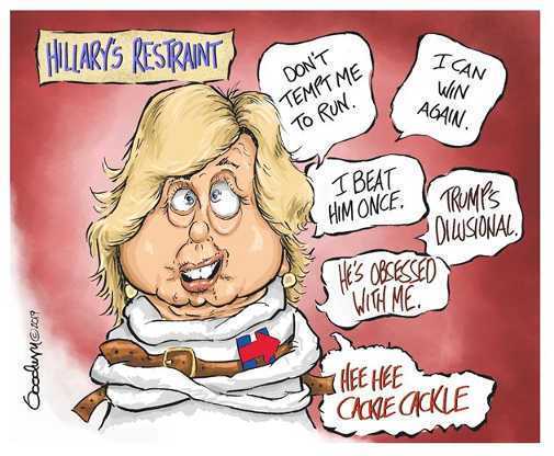 cartoon - Hillarys Restraint Don'T Tempt Me To Run. I Can Win Again. T Beat Him Once. Trumps 3 Diwsional He's Obsessed U With Me. Oooduriem Hee Hee Cackie Cckle