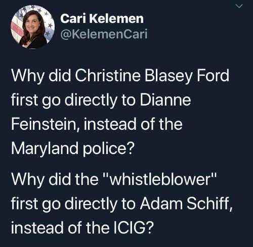 material - Cari Kelemen Why did Christine Blasey Ford first go directly to Dianne Feinstein, instead of the Maryland police? Why did the "whistleblower" first go directly to Adam Schiff, instead of the Icig?