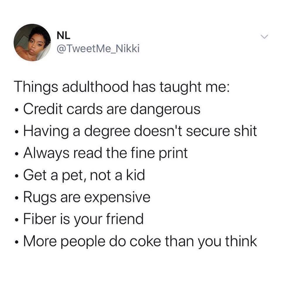 point - Nl Things adulthood has taught me Credit cards are dangerous Having a degree doesn't secure shit Always read the fine print Get a pet, not a kid Rugs are expensive Fiber is your friend More people do coke than you think