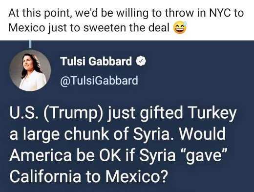 presentation - At this point, we'd be willing to throw in Nyc to Mexico just to sweeten the deal Tulsi Gabbard U.S. Trump just gifted Turkey a large chunk of Syria. Would America be Ok if Syria "gave" California to Mexico?