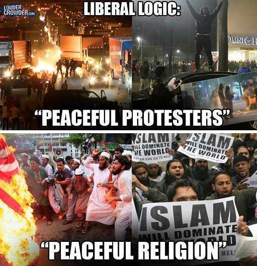 liberal terrorism meme - Louder Liberal Logic Crowder.Com Dmales "Peaceful Protesters Some Islams Sia Still Dominated We World Omina Che Worti Sul Islami Hull Dominate Peaceful Religionu