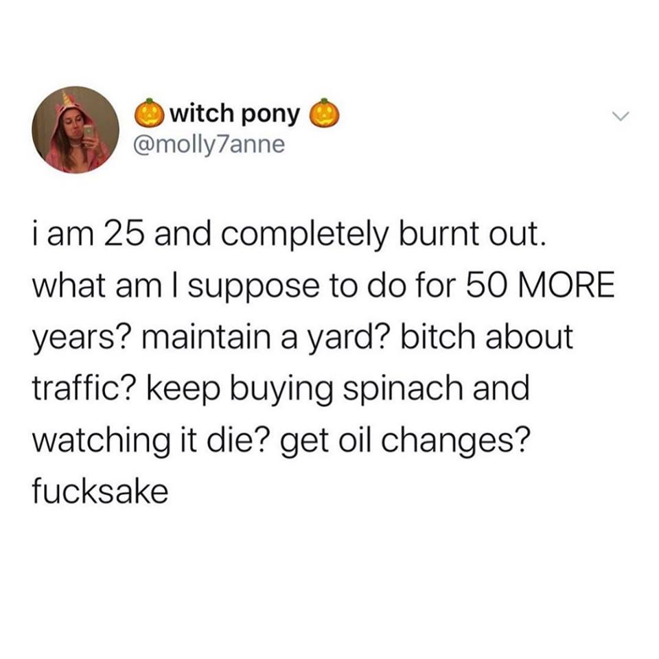random packing for vacation ball gown meme - Owitch pony O i am 25 and completely burnt out. what am I suppose to do for 50 More years? maintain a yard? bitch about traffic? keep buying spinach and watching it die? get oil changes? fucksake