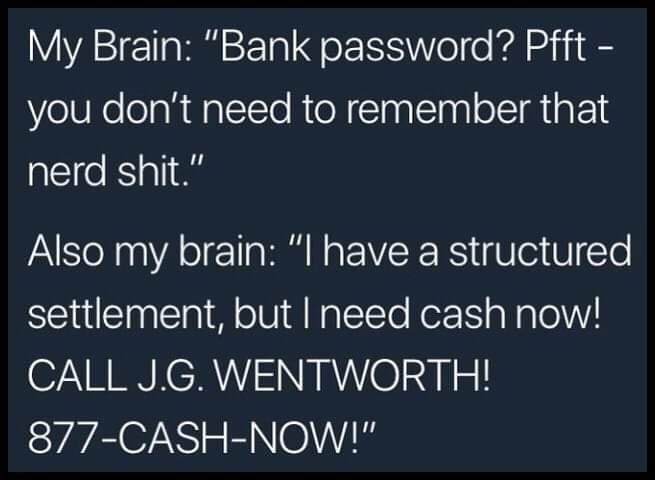 sky - My Brain "Bank password? Pfft you don't need to remember that nerd shit." Also my brain "I have a structured settlement, but I need cash now! Call J.G. Wentworth! 877CashNow!"